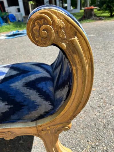 Sensational French Louis XVI Style Gilded Gold Scroll Arm Bench Settee
