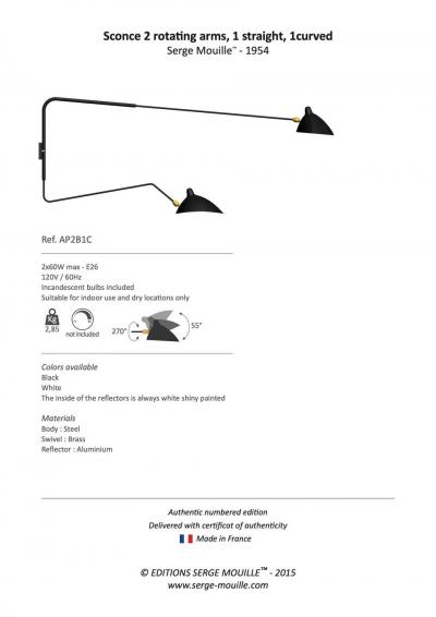 Serge Mouille Large Serge Mouille 2 Arm Wall Lamp with Straight and Curved Rotating Arms