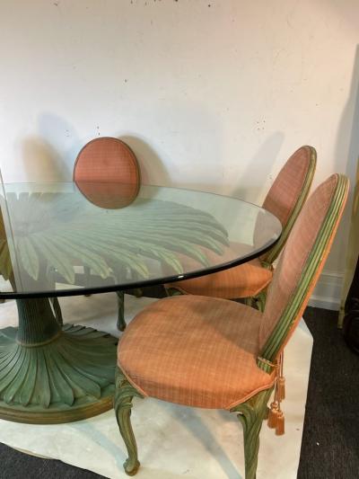 Serge Roche EXCEPTIONAL PALM FROND CARVED GILT GREEN WOOD DINING TABLE AND CHAIRS
