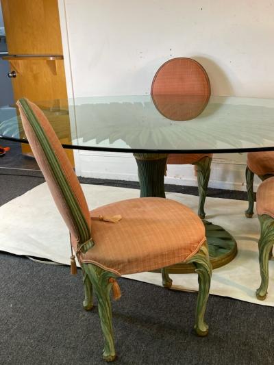Serge Roche EXCEPTIONAL PALM FROND CARVED GILT GREEN WOOD DINING TABLE AND CHAIRS