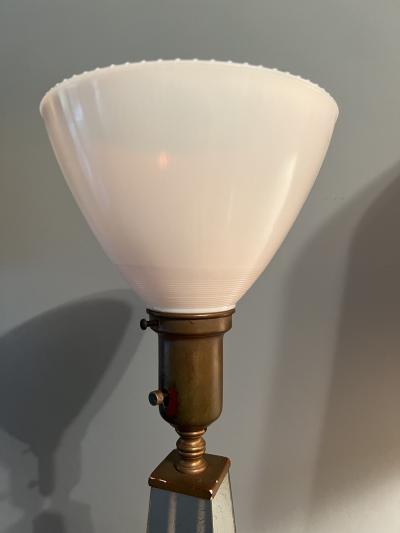 Serge Roche MODERNE OBELISK MIRRORED LAMPS WITH ORIGINAL GOLD EGLOMAISE FINISH SHADES
