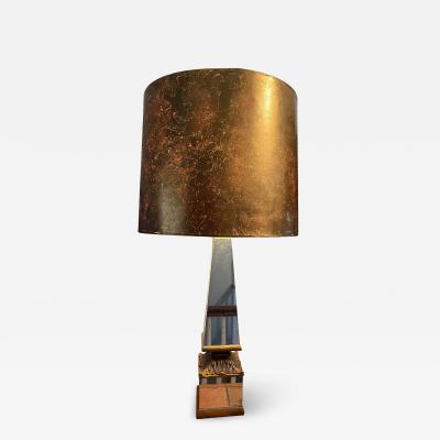 Serge Roche MODERNE OBELISK MIRRORED LAMPS WITH ORIGINAL GOLD EGLOMAISE FINISH SHADES