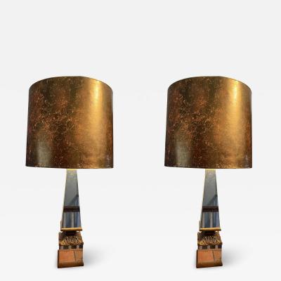 Serge Roche MODERNE OBELISK MIRRORED LAMPS WITH ORIGINAL GOLD EGLOMAISE FINISH SHADES