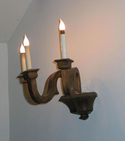 Serge Roche Pair of Large French Mid Century Modern Neoclassical Gilt Plaster Sconces 1940