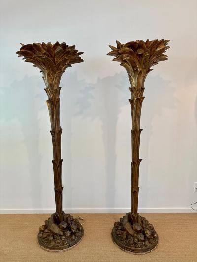 Serge Roche Patinated Resin Plaster Palm Torchieres in the Manner of Serge Roche Pair