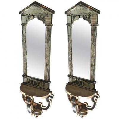 Serge Roche Serge Roche Attributed Pair of 1940s Baroque Oxidized Mirror Wall Consoles