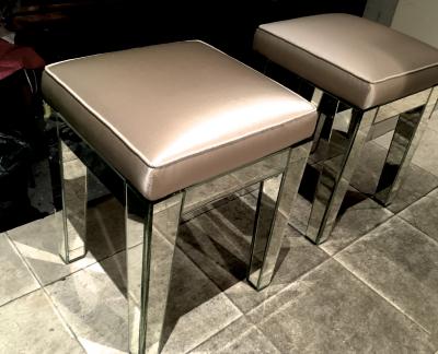 Serge Roche Serge Roche Pair of Mirrored Stools Newly Covered in Pale Pink Silk