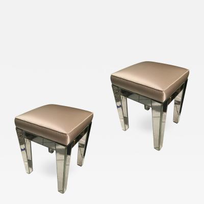 Serge Roche Serge Roche Pair of Mirrored Stools Newly Covered in Pale Pink Silk