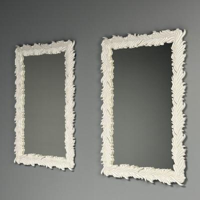 Serge Roche Serge Roche Style Contemporary Rectangular Leaf Wall Mirrors White Lacquer