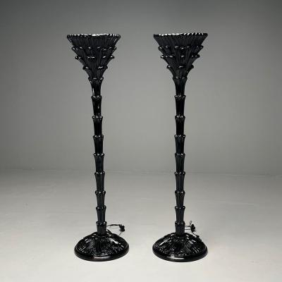 Serge Roche Serge Roche Style Mid Century Modern Palm Leaf Floor Lamps Black Lacquer