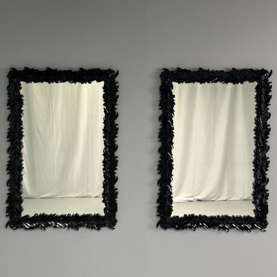 Serge Roche Serge Roche Style Modern Rectangular Leaf Wall Mirrors Black Lacquer