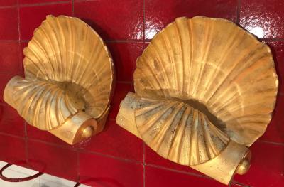 Serge Roche Serge Roche attributed gold leaf plaster shell shaped pair of sconces