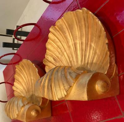 Serge Roche Serge Roche attributed gold leaf plaster shell shaped pair of sconces