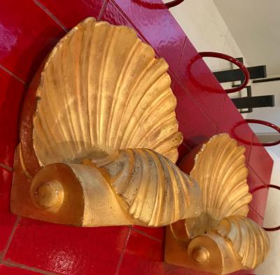 Serge Roche Serge Roche attributed gold leaf plaster shell shaped pair of sconces