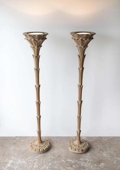 Serge Roche Torchiere Floor Lamps after Serge Roche Hand Carved Limed Oak Palm Trees 1940s