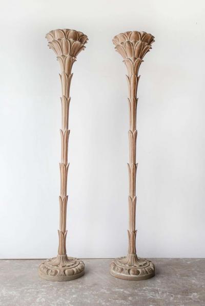 Serge Roche Torchiere Floor Lamps after Serge Roche Hand Carved Limed Oak Palm Trees 1940s
