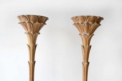 Serge Roche Torchiere Floor Lamps after Serge Roche Hand Carved Limed Oak Palm Trees 1940s