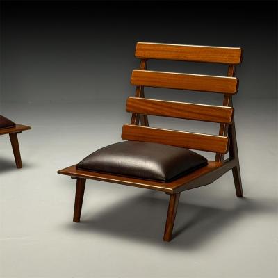 Sergio Rodrigues Brazilian Mid Century Modern Sculptural Lounge Chairs Mahogany Leather