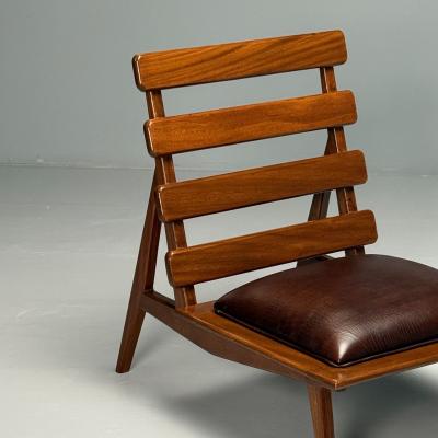 Sergio Rodrigues Brazilian Mid Century Modern Sculptural Lounge Chairs Mahogany Leather