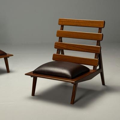Sergio Rodrigues Brazilian Mid Century Modern Sculptural Lounge Chairs Mahogany Leather