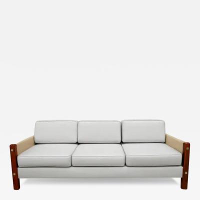 Sergio Rodrigues Brazilian Modern Sofa in Beige Leather Grey Fabric by Sergio Rodrigues Brazil