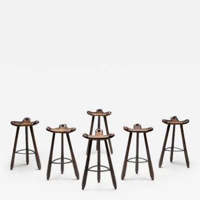 Sergio Rodrigues Brutalist Tripod Bar Stools in Spanish Oak Spain 1970s