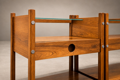 Sergio Rodrigues Yara Side Tables in Freij Wood with Drawers and Glass Tops Lot 895A