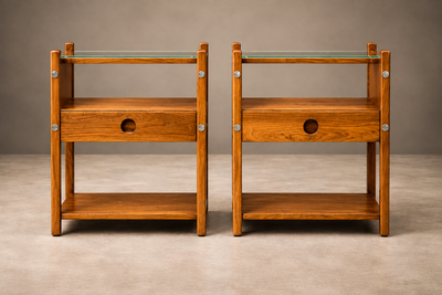 Sergio Rodrigues Yara Side Tables in Freij Wood with Drawers and Glass Tops Lot 895A