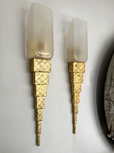 Sergio Terzani Pair of Gold Leaf Murano Glass and Gilt Wood Sconces by Terzani Italy 1990s