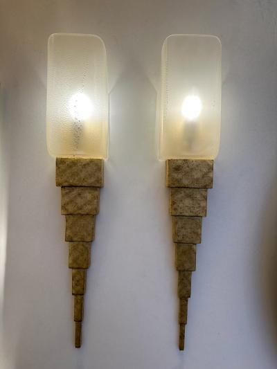 Sergio Terzani Pair of Gold Leaf Murano Glass and Gilt Wood Sconces by Terzani Italy 1990s