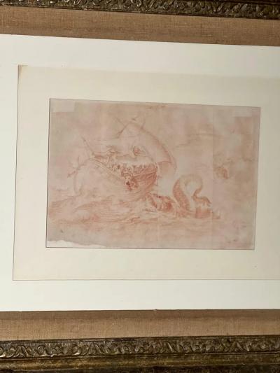 Serpent Galleon Red Chalk on Paper in GiltWood Frame