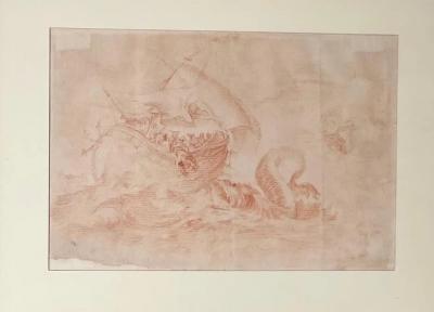 Serpent Galleon Red Chalk on Paper in GiltWood Frame
