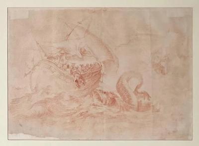 Serpent Galleon Red Chalk on Paper in GiltWood Frame