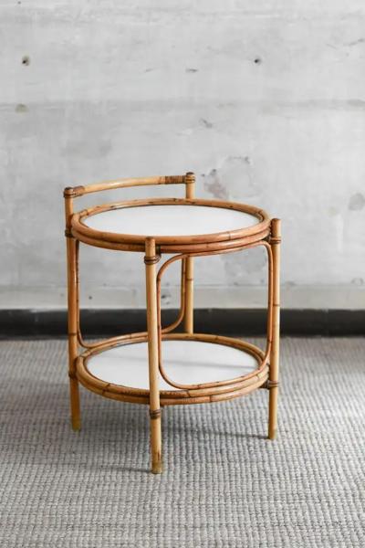 Service Table in Bamboo with white lacquered shelves and brass feet Italy 1970