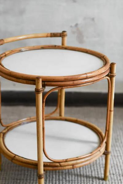 Service Table in Bamboo with white lacquered shelves and brass feet Italy 1970
