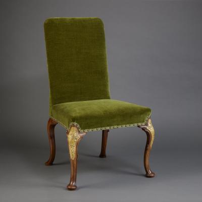 Set 10 Walnut Partially Gilt Dining Chairs on Cabriole Legs in George II taste
