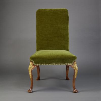 Set 10 Walnut Partially Gilt Dining Chairs on Cabriole Legs in George II taste