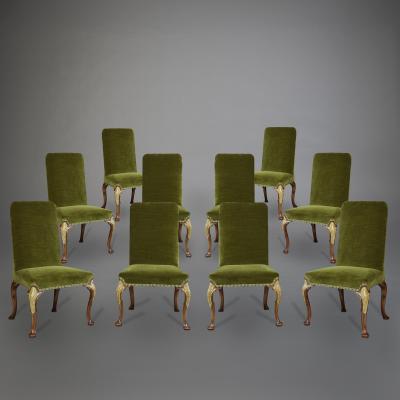 Set 10 Walnut Partially Gilt Dining Chairs on Cabriole Legs in George II taste