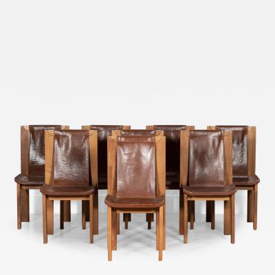 Set 8 French Roland Haeusler Elm Leather Brutalist Chairs