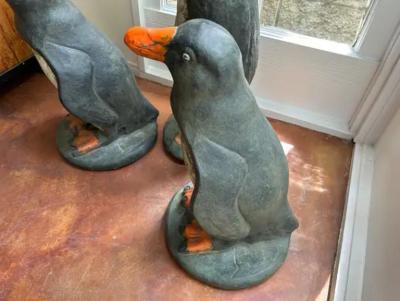 Set Of 3 French Cast Stone Penguin Garden Statues