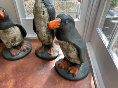 Set Of 3 French Cast Stone Penguin Garden Statues
