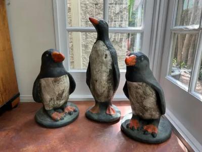 Set Of 3 French Cast Stone Penguin Garden Statues