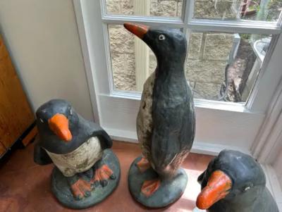 Set Of 3 French Cast Stone Penguin Garden Statues
