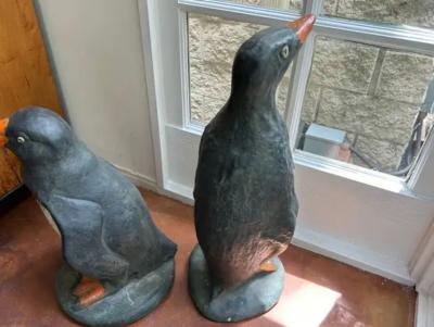 Set Of 3 French Cast Stone Penguin Garden Statues