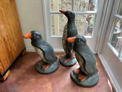 Set Of 3 French Cast Stone Penguin Garden Statues