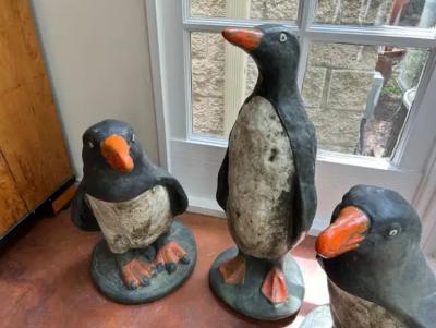 Set Of 3 French Cast Stone Penguin Garden Statues