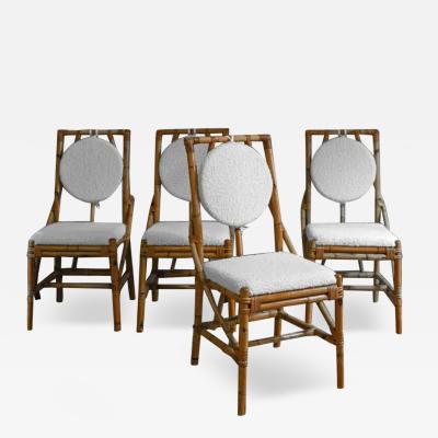 Set Of 6 Bamboo Chairs With Natural Finish Complete With Boucl Fabric Cushions