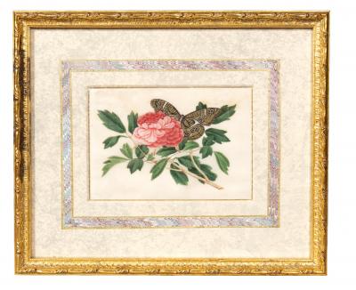 Set Of Four Chinese Export Framed Pith Paper Watercolors Of Plants And Insects