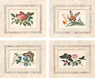 Set Of Four Chinese Export Framed Pith Paper Watercolors Of Plants And Insects