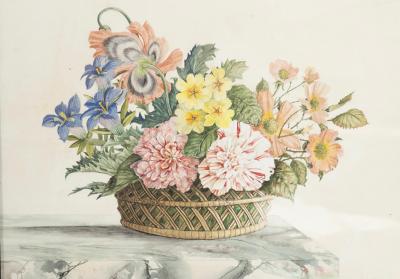 Set Of Four Framed Watercolor Still Lifes Of Flowers and Fruit In Baskets